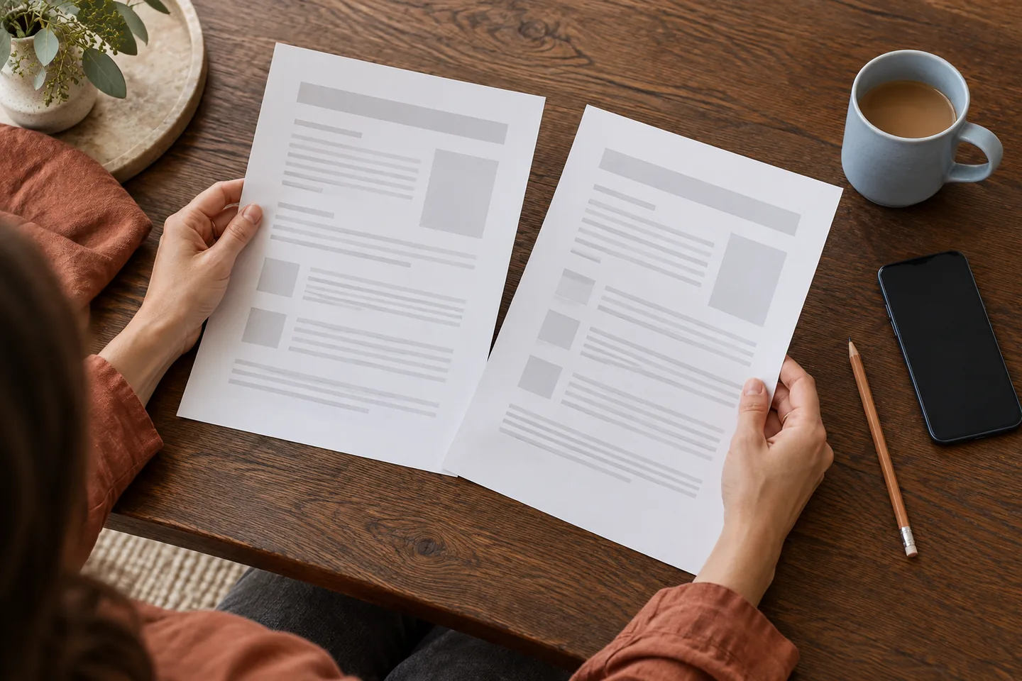 Hands comparing two plain information sheets beside a face-down phone and blue mug
