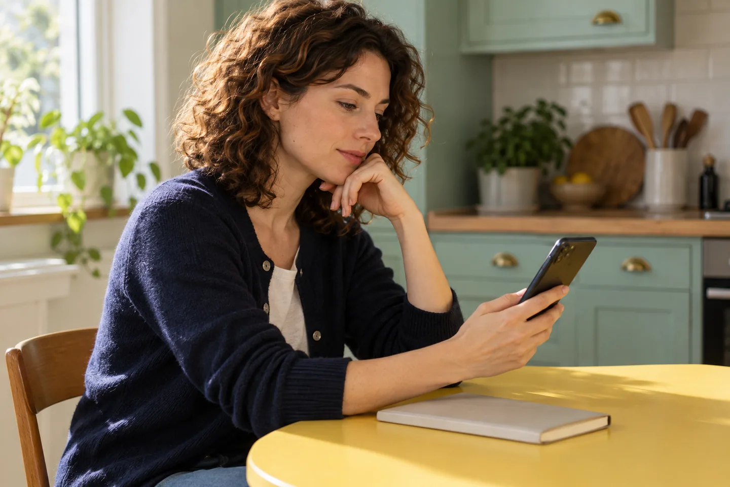 European woman pausing with a plain phone at a yellow kitchen table