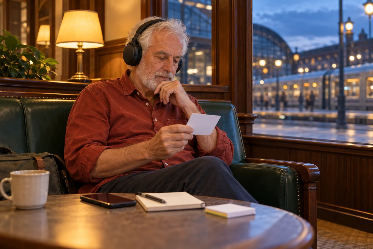 Older European man using headphones and a paper phrase card in a station waiting-room alcove