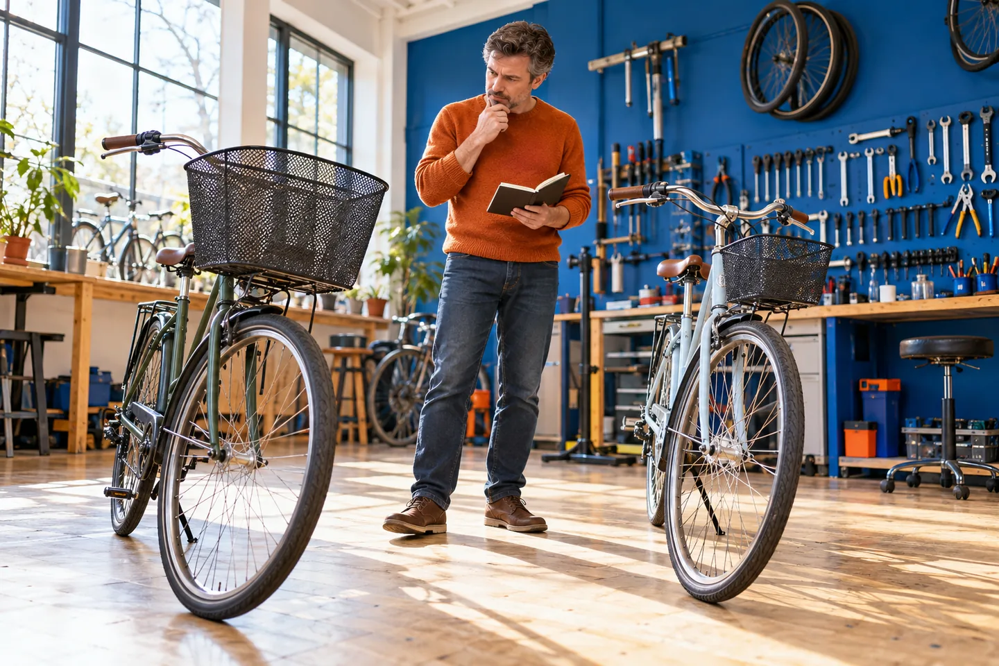 Europeo con jersey naranja compara dos bicicletas con un cuaderno en un taller soleado de paredes azules