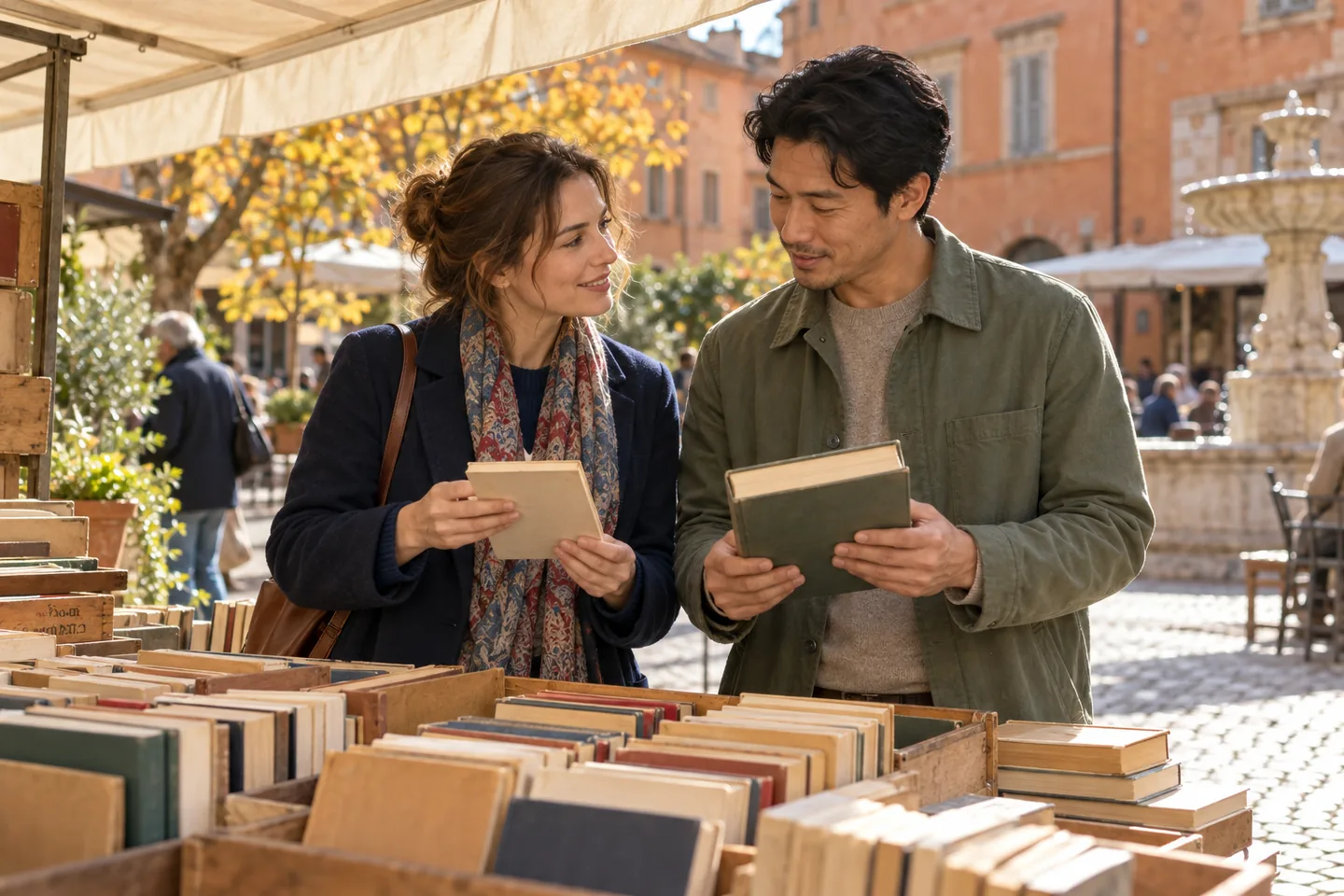 Europea y hombre de Asia oriental conversando sobre dos libros en un puesto al aire libre