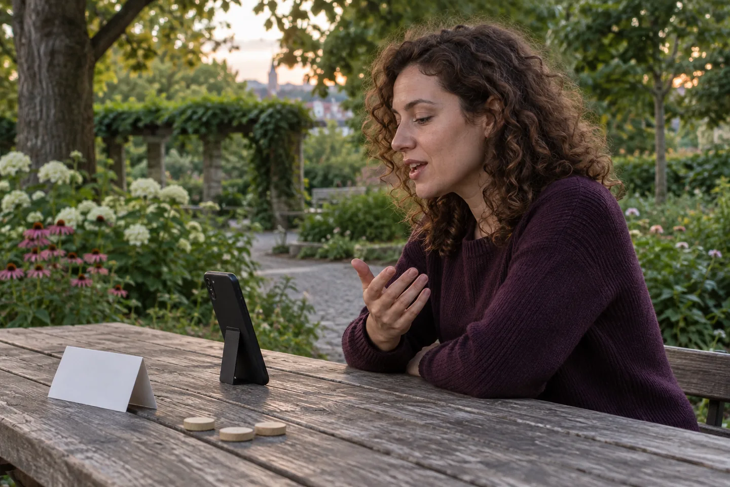 A European woman makes a spoken practice attempt with a phone turned away and wooden tokens nearby