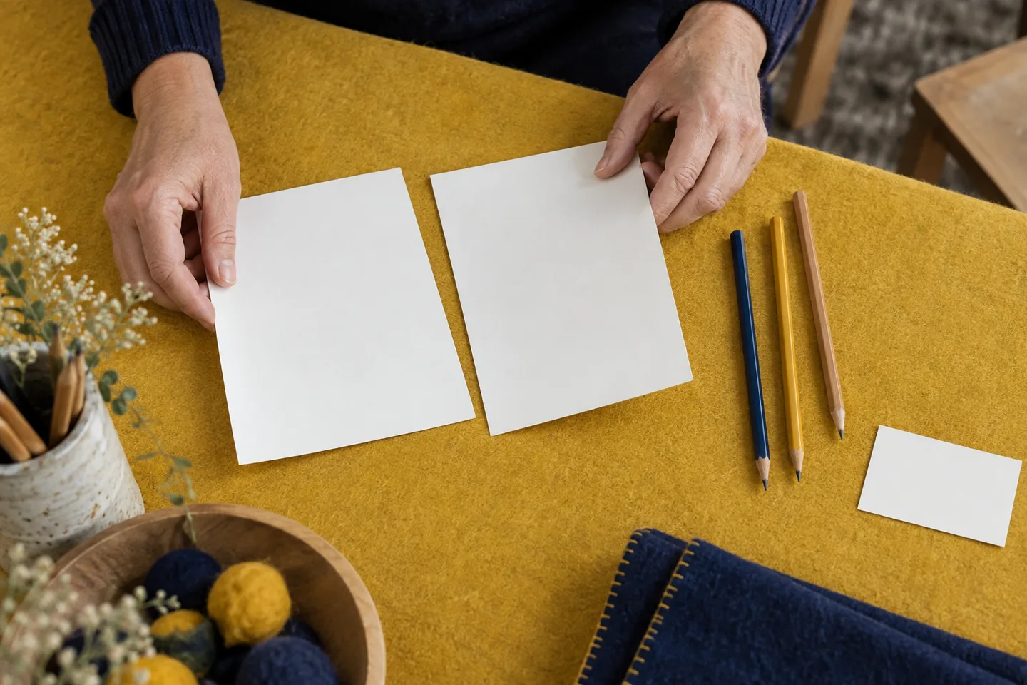 Hands separate two sheets of paper from three pencils on a mustard surface