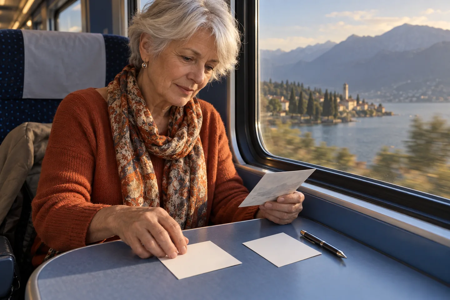 An older European woman reviews a paper reference and blank postcards at a train window