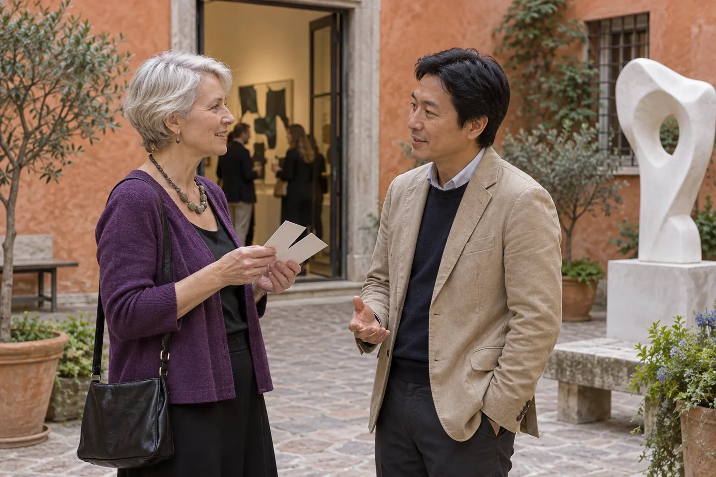 Older European woman with event cards speaking to an East Asian man in an art-gallery courtyard