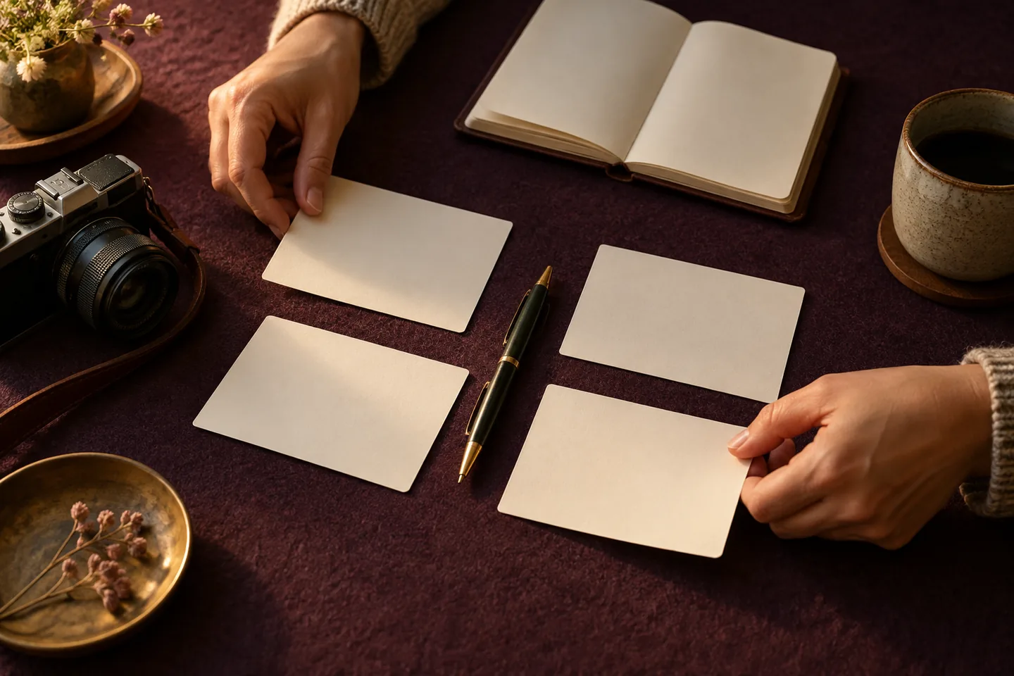 Hands arranging blank scenario cards around a pen on a plum felt table beside a camera and notebook