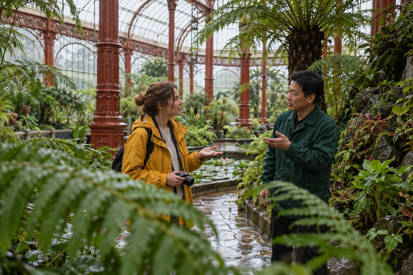 European woman with a lowered camera asks an attendant a question in a green historic glasshouse