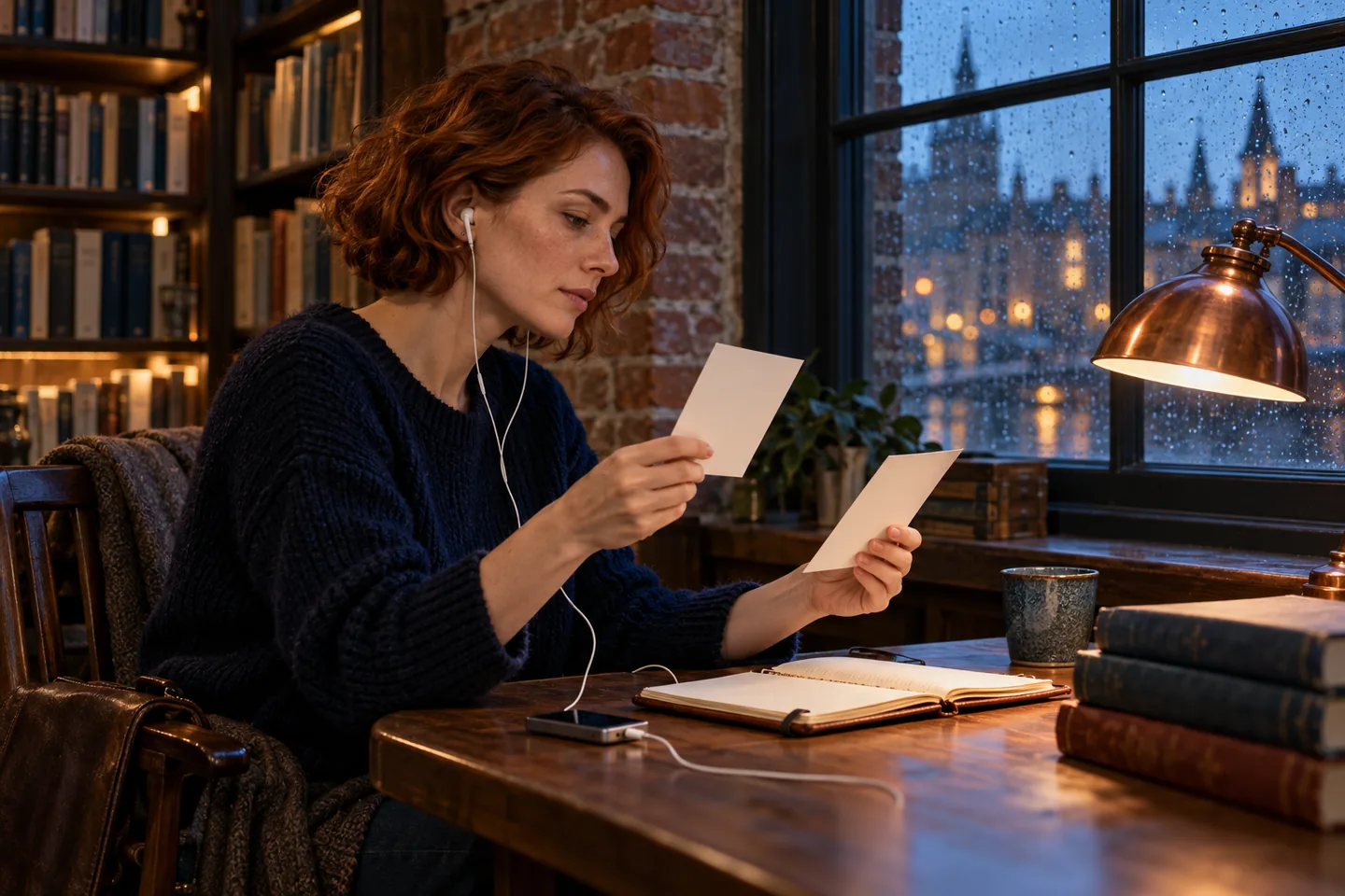 European woman with headphones compares paper cards at a rainy library window