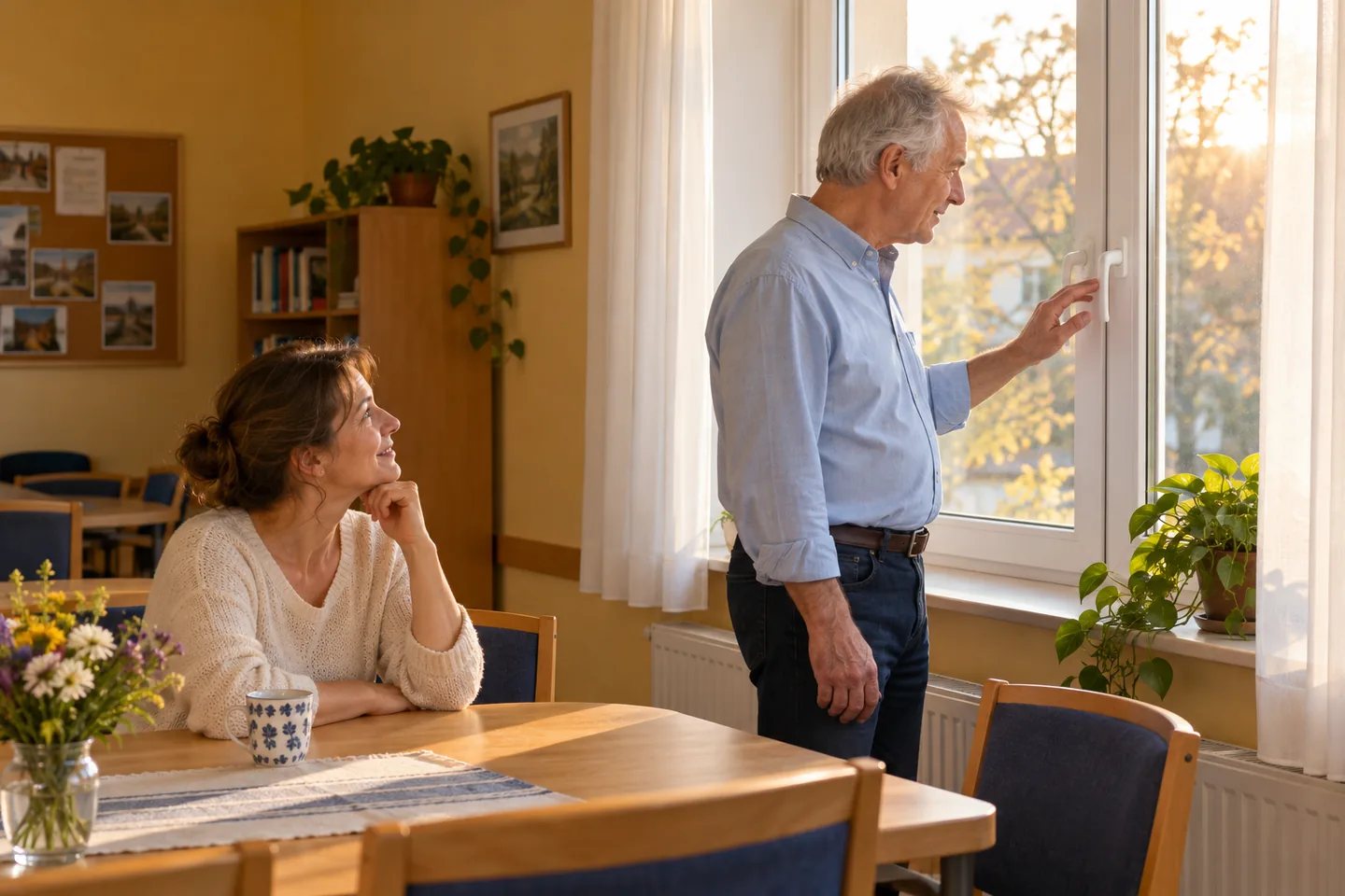 Older European man waits beside a closed window while asking a seated woman a question