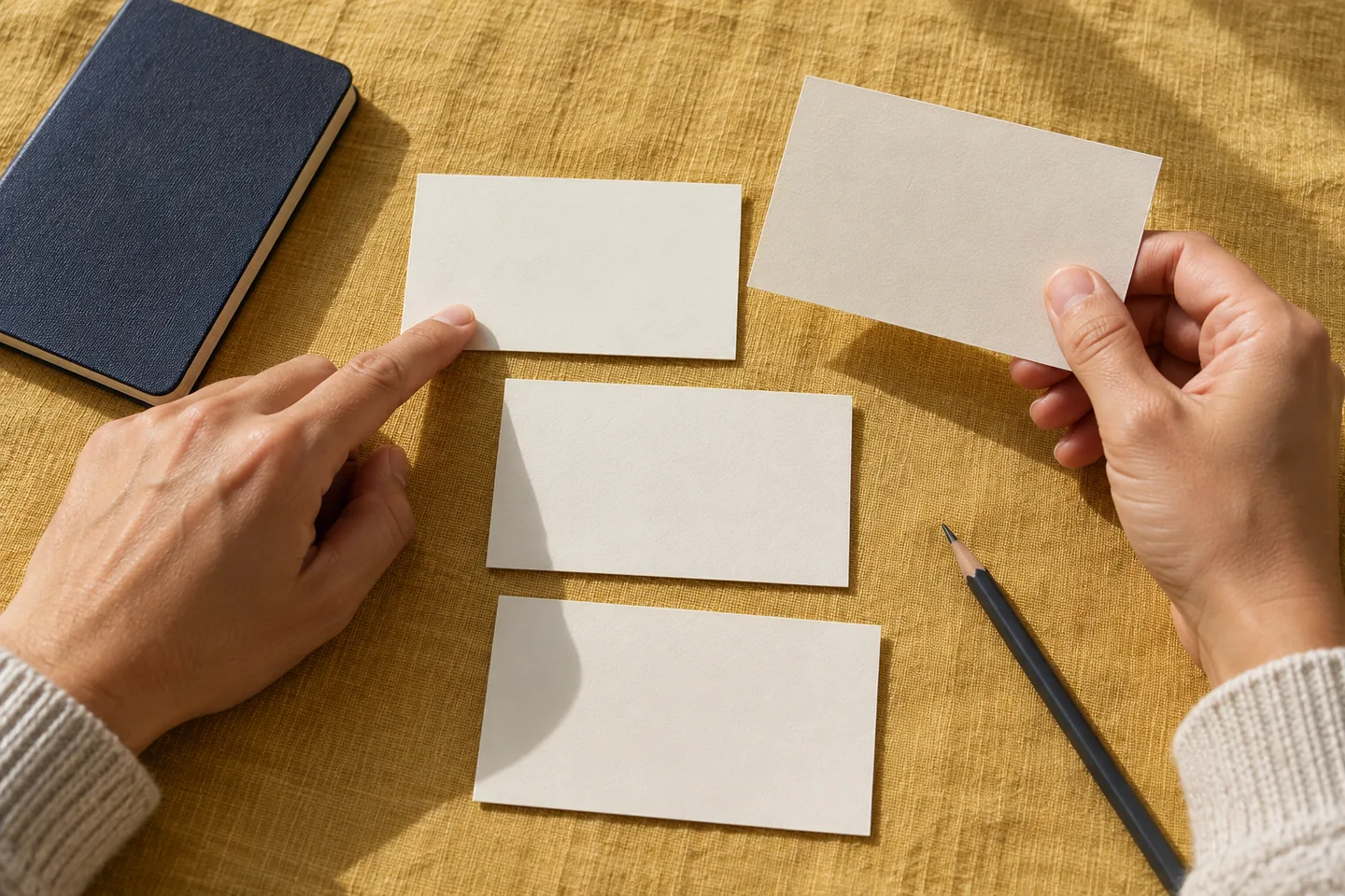Manos comparando tarjetas claras junto a un cuaderno azul sobre lino mostaza