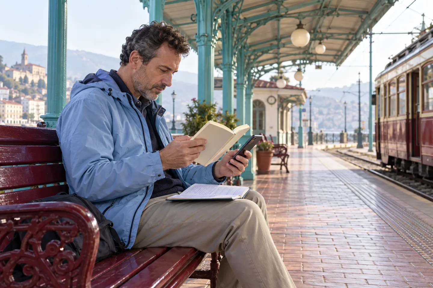 Europeo con chaqueta azul clara compara un libro y un teléfono en un banco burdeos de una estación de tranvía turquesa