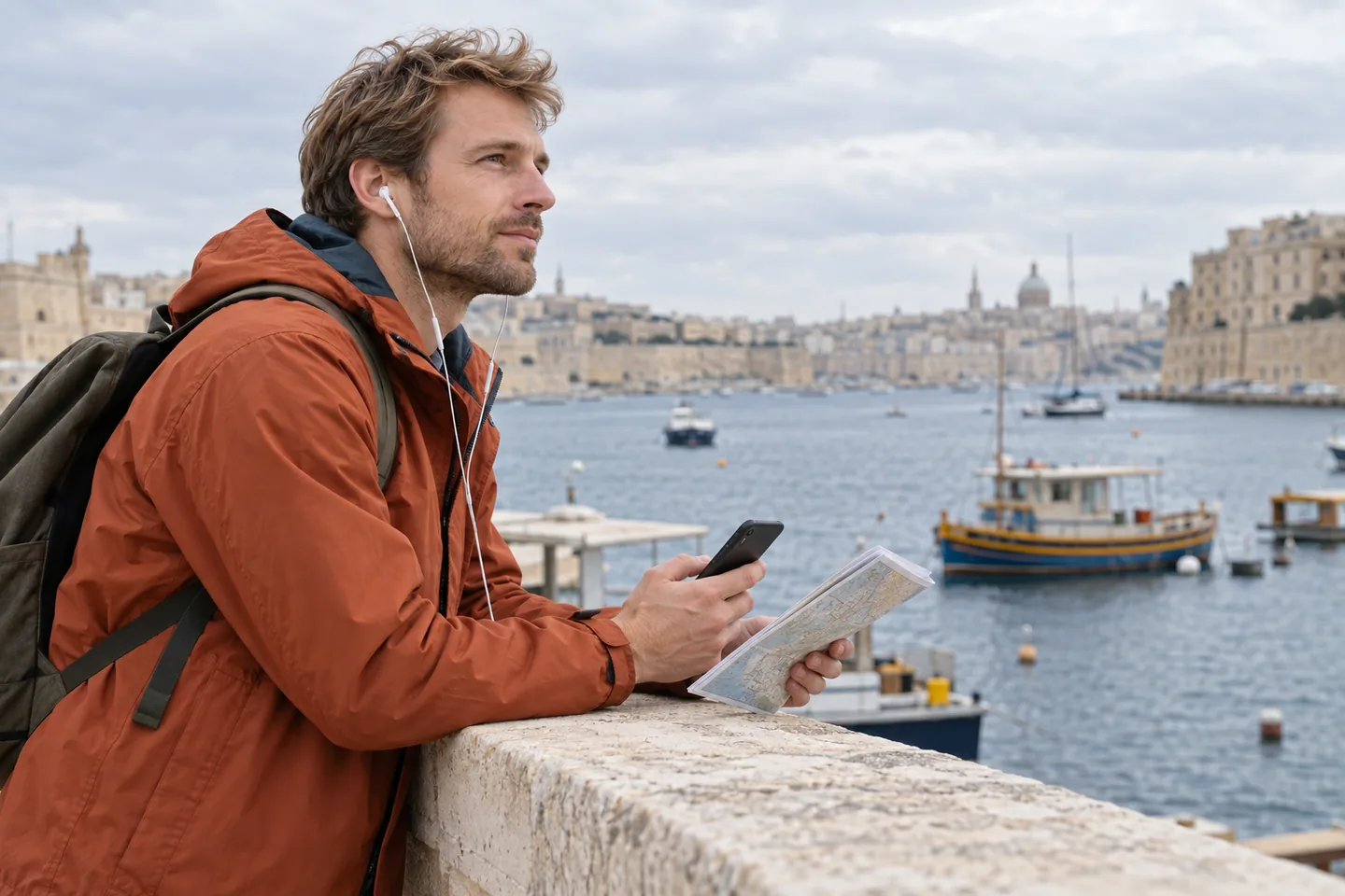 Europeo con chaqueta naranja escucha con auriculares y un papel junto al pretil de un puerto