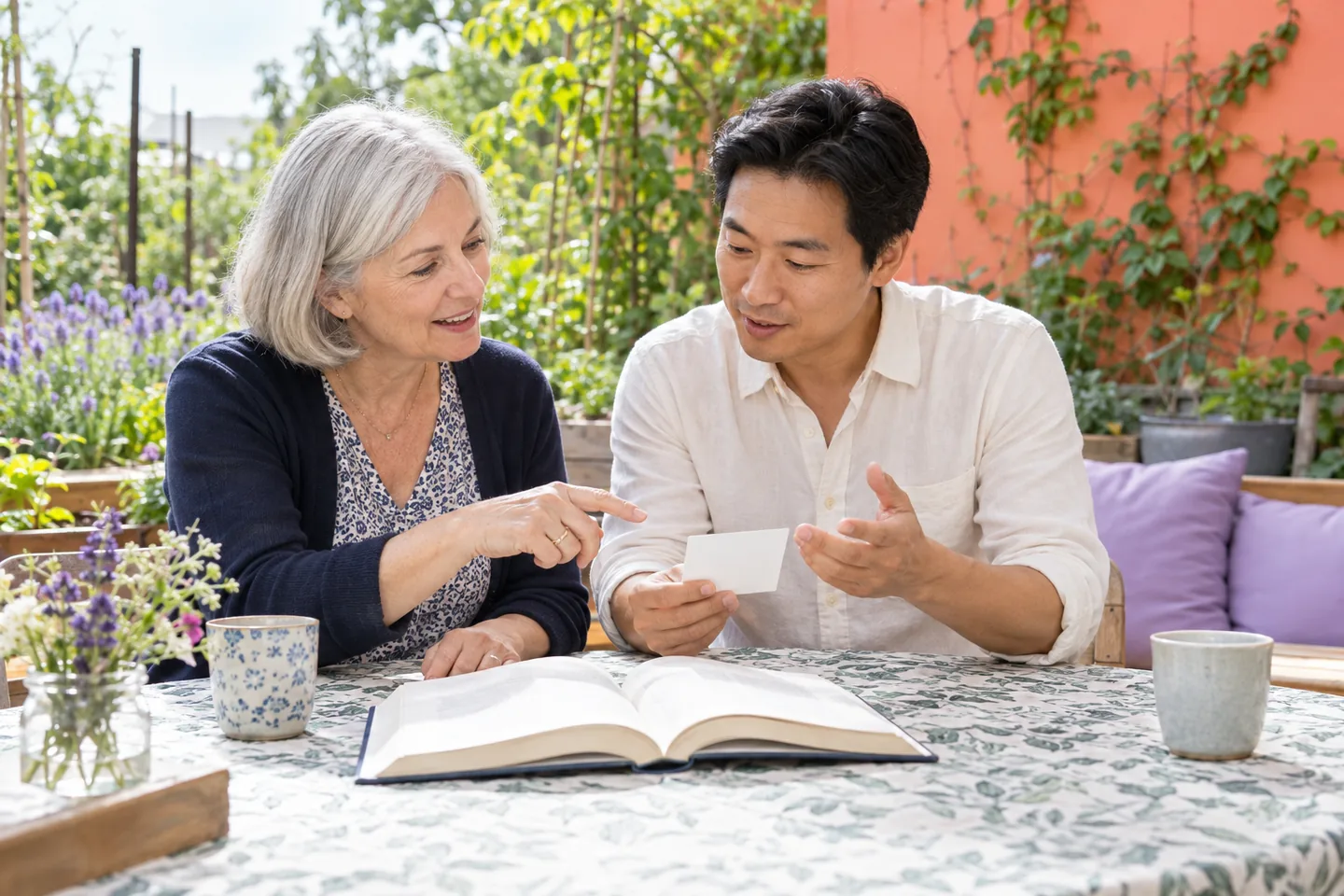 Europea mayor y hombre de Asia oriental conversan sobre un libro y una tarjeta en una mesa de jardín