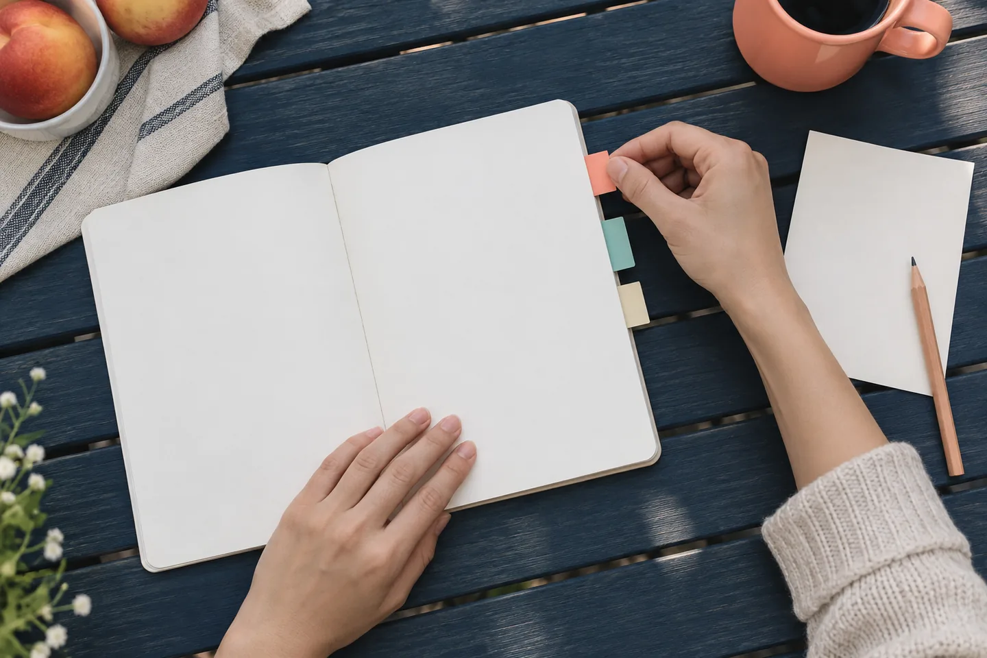 Hands placing small pastel tabs along a booklet on a navy table
