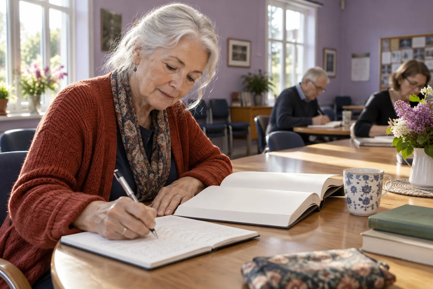 Older European woman making notes beside an open book in a lilac community hall
