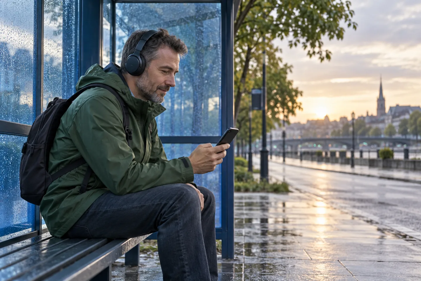 European man using a phone and headphones at a blue bus shelter at dawn