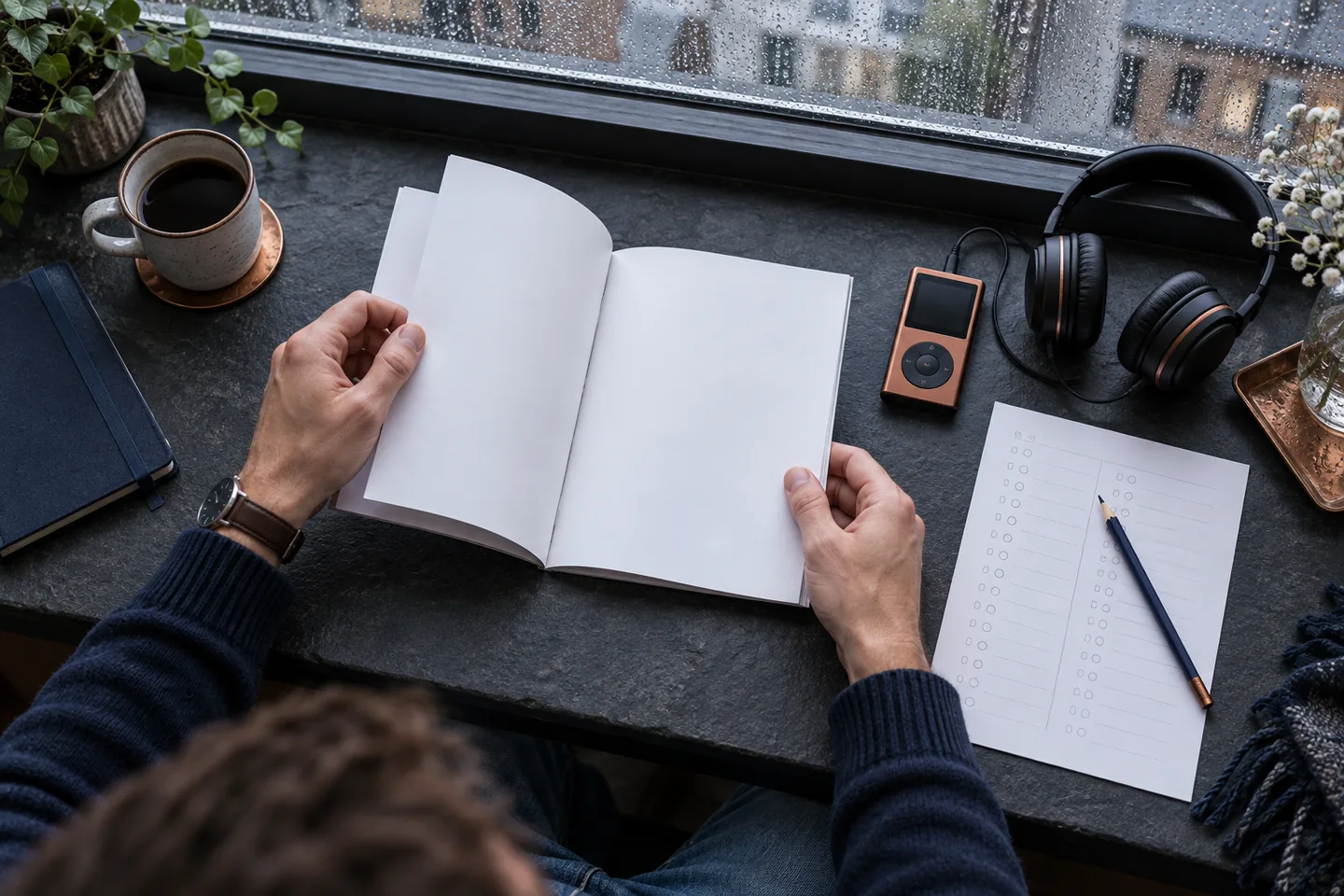Hands inspecting a sample booklet beside headphones and an answer sheet on a slate window ledge
