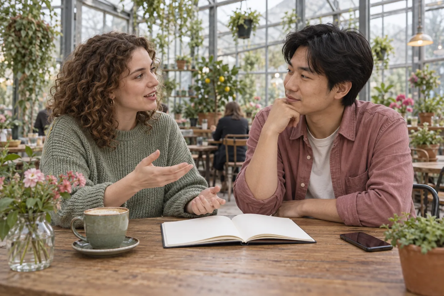 European woman and East Asian man discussing a workbook in a greenhouse cafe