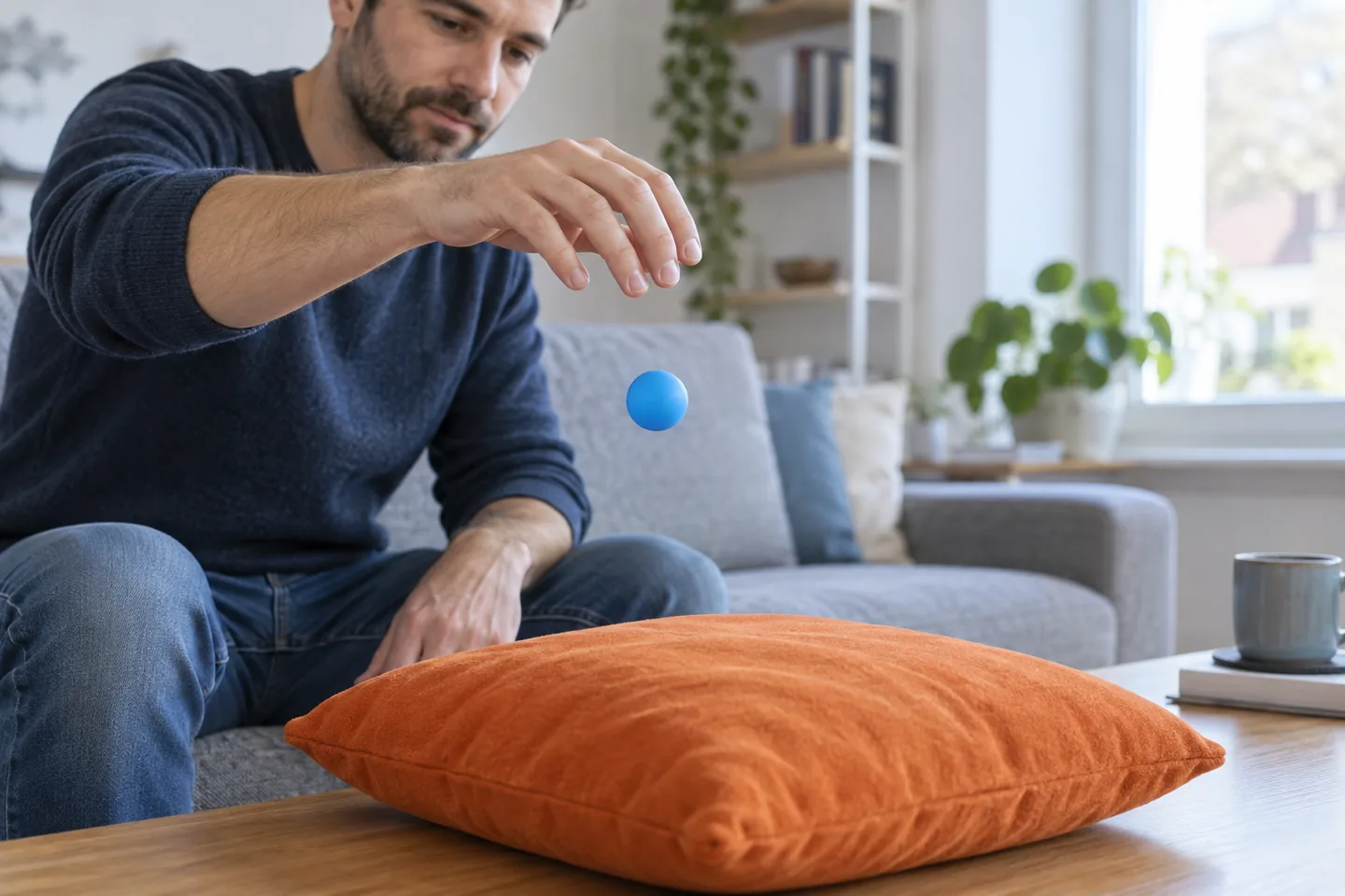 European man releasing a blue ball above an orange cushion