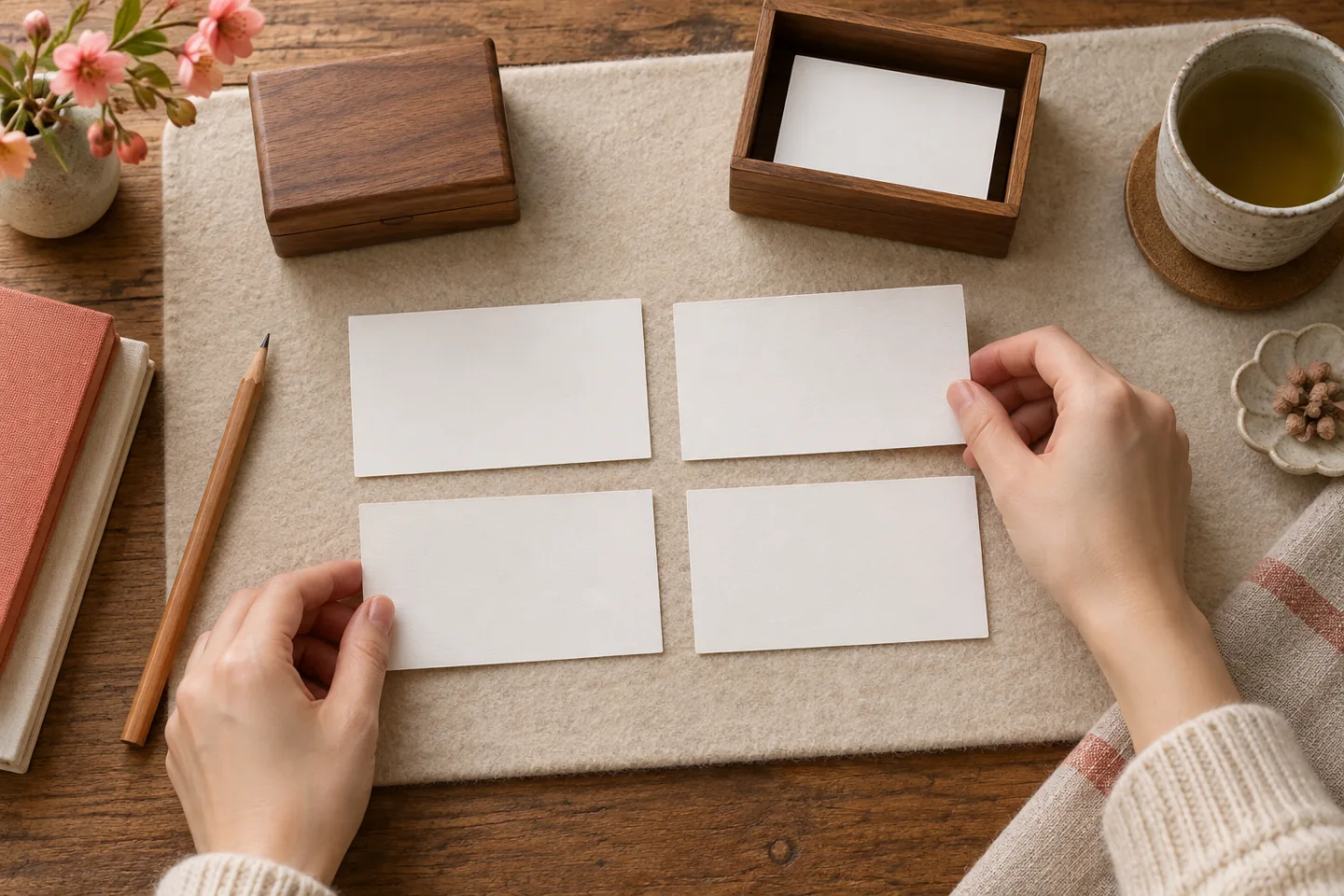Hands arranging four blank cards beside an open box and a closed box