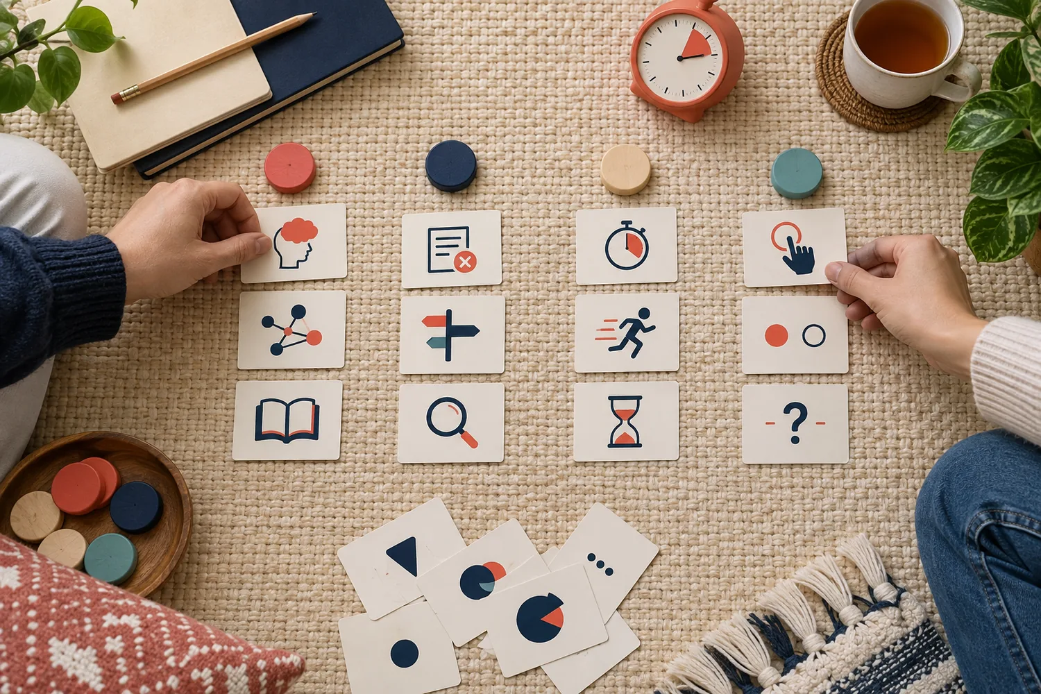 Two learners sort abstract question cards into error categories with colored wooden tokens