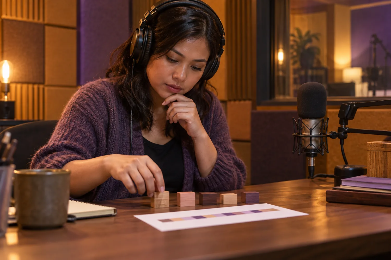 Adult learner in a radio rehearsal booth uses wooden blocks to map a missed listening cue