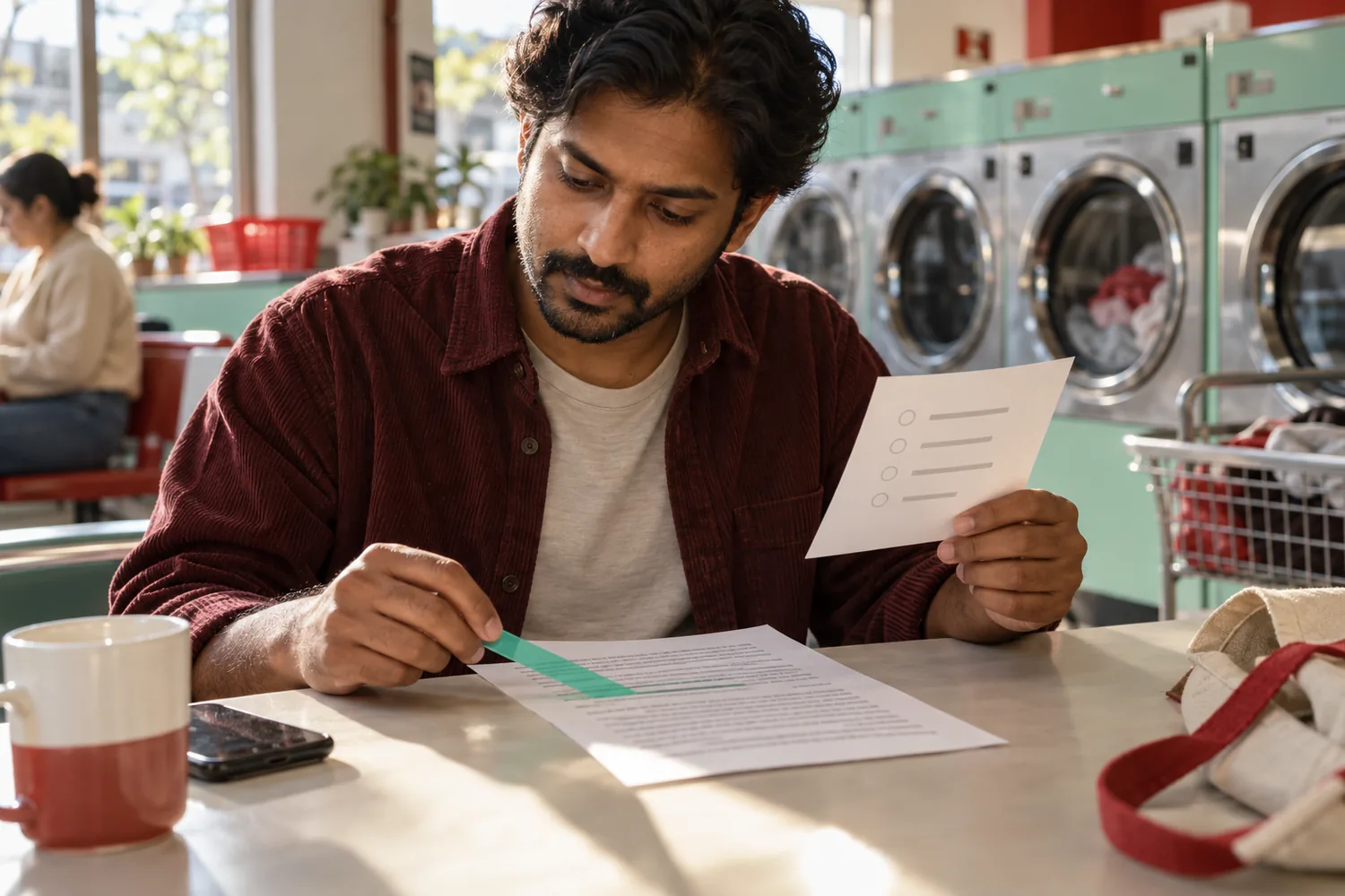 Adult learner in a bright laundromat uses a colored strip to connect a passage with an answer card