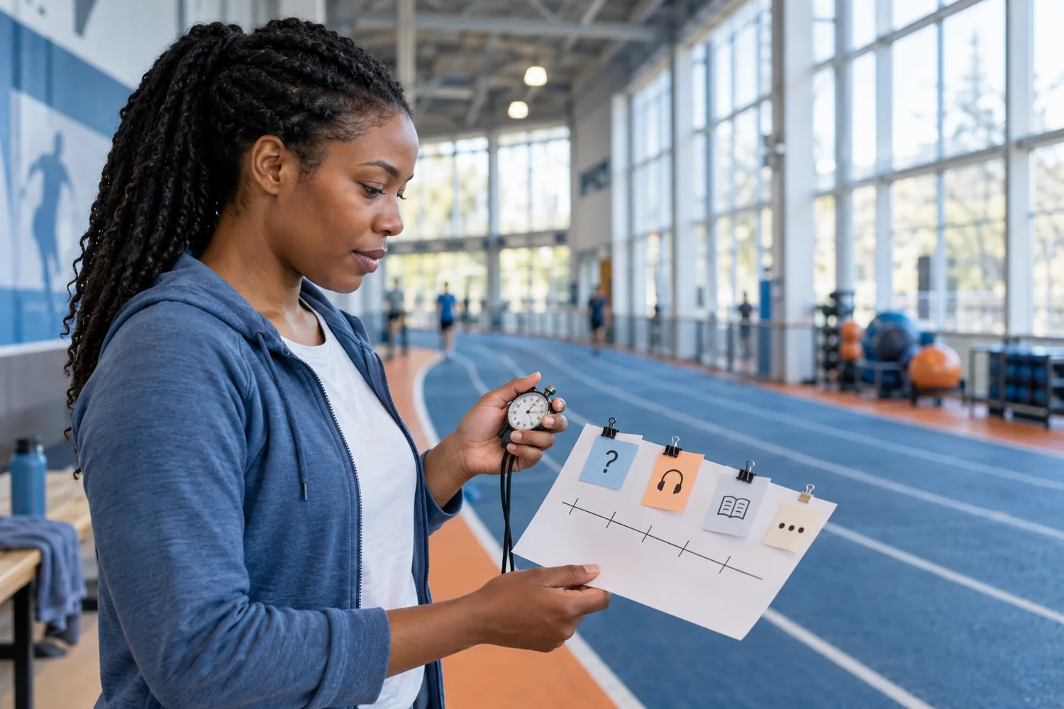 Adult learner beside an indoor running track compares a paper test timeline with a stopwatch