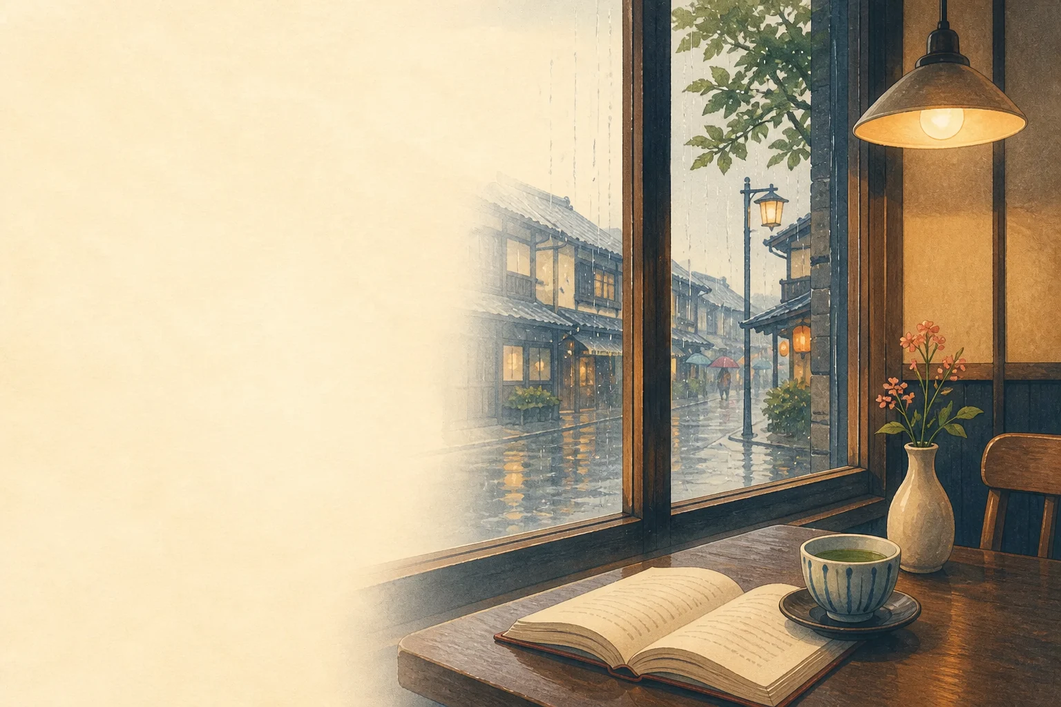 A quiet Japanese café on a rainy afternoon with an open book and tea
