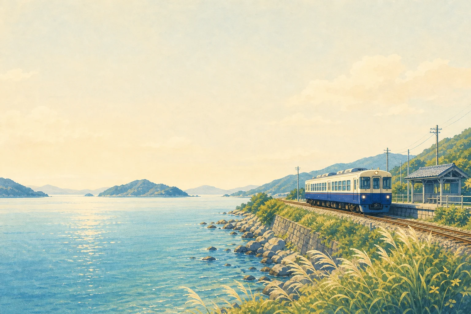 A local Japanese train travelling beside the Seto Inland Sea