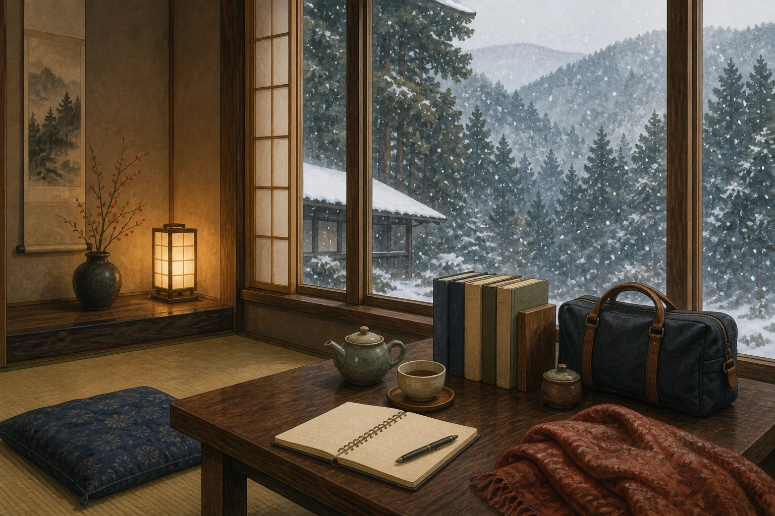Warm mountain ryokan study nook overlooking snowy cedar hills
