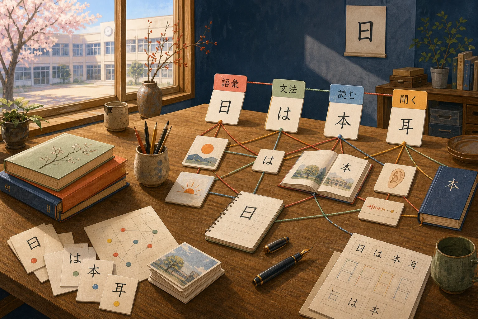 Japanese curriculum workspace connecting vocabulary, grammar, reading and listening materials