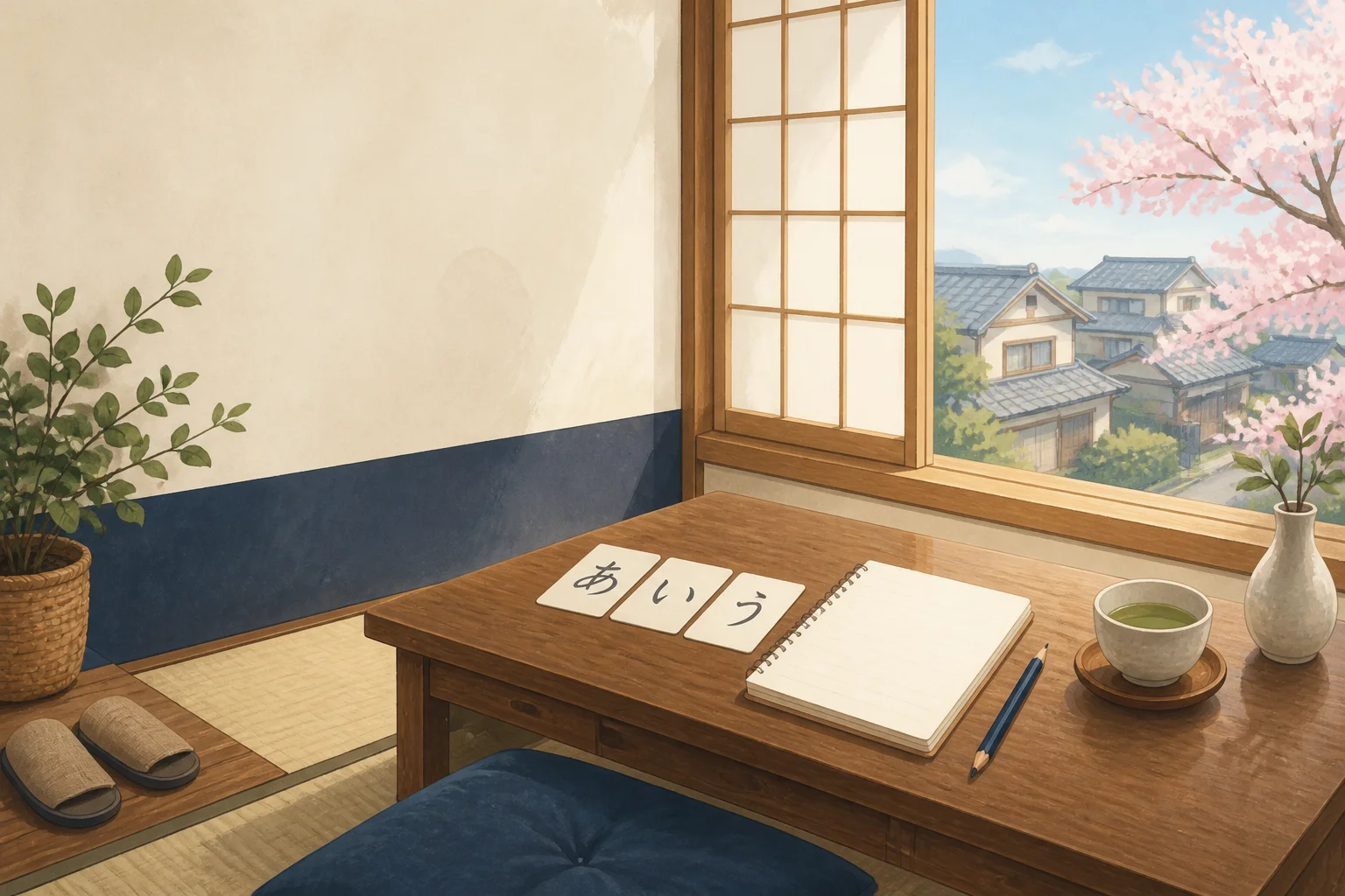 Welcoming Japanese study room with first kana cards and an open notebook