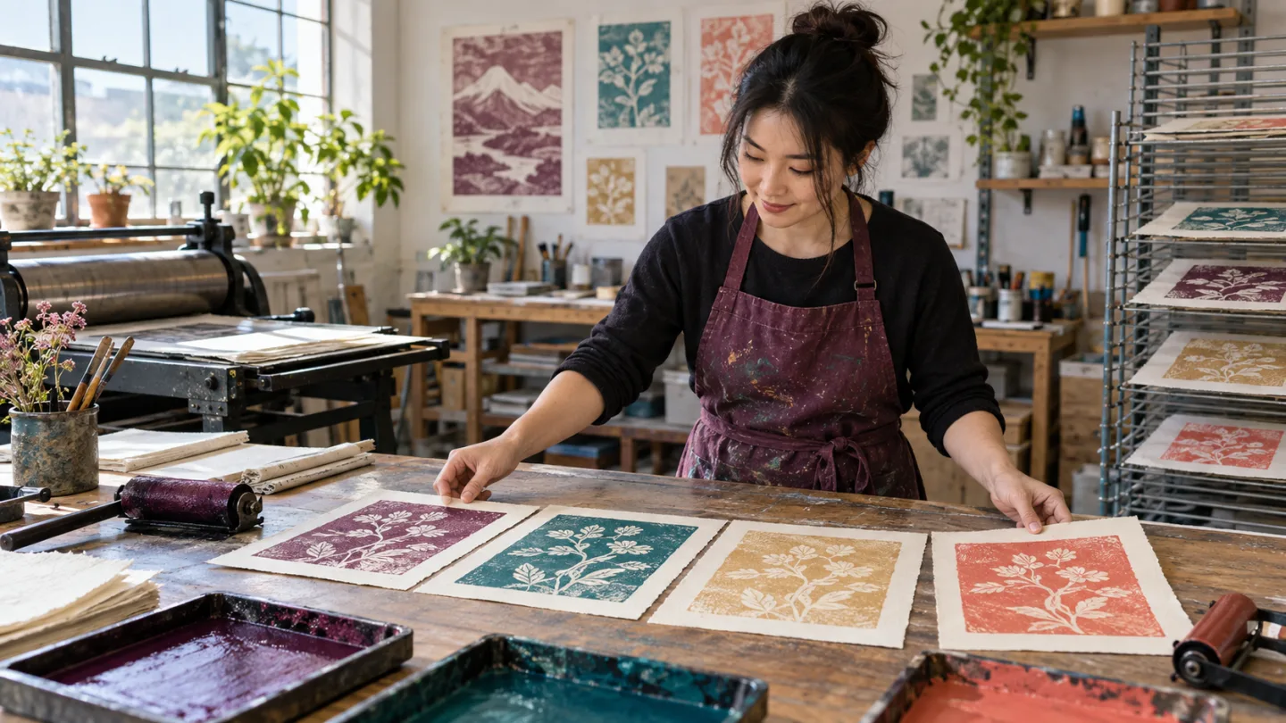 Adult learner in a printmaking studio arranging four colored botanical prints into a sequence