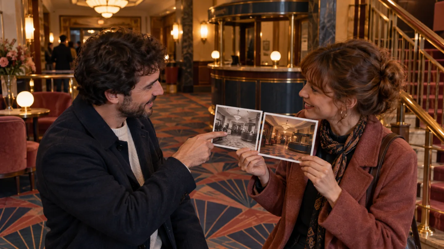 Two adults in a vintage cinema foyer compare old and current photographs while talking