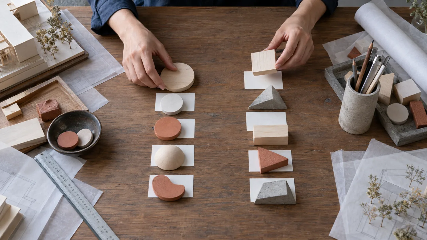 Hands sorting rounded and angular model pieces into two distinct paths on an architecture table