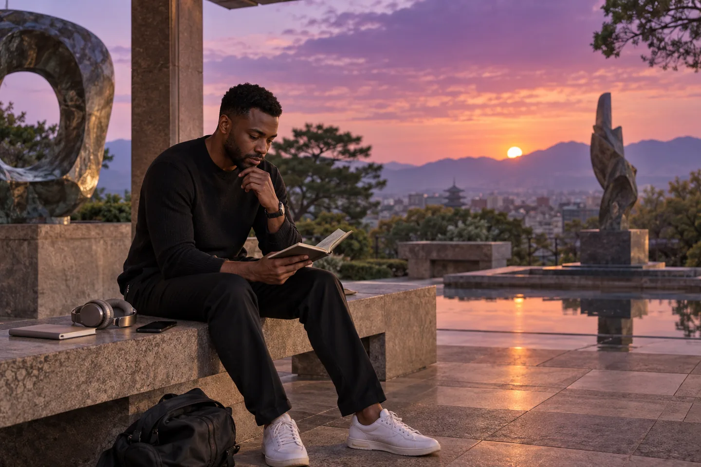 Adult learner comparing a notebook, headphones and a course booklet in a sculpture-garden pavilion at sunset