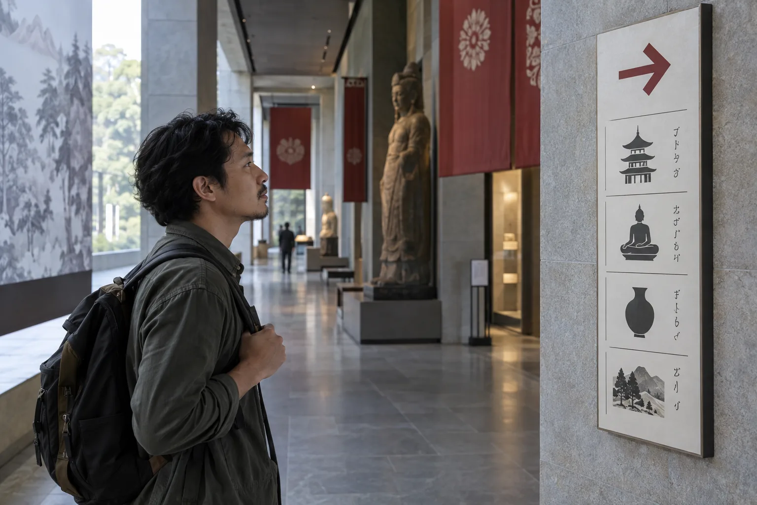 Adult learner uses a museum sign and its pictorial surroundings to infer the purpose of an unfamiliar Japanese notice