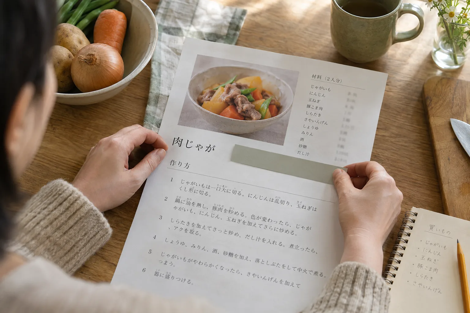 Hands read a Japanese recipe beside ingredients while a plain strip covers some pronunciation guides
