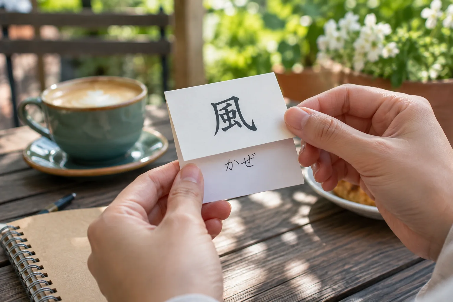 Hands lift a folded paper reading card at an outdoor cafe to check the pronunciation after an attempt