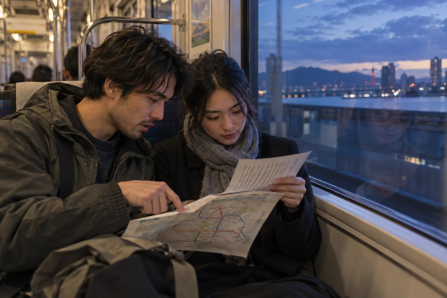 Two adults compare a paper Japanese passage with a station route map during an evening train ride