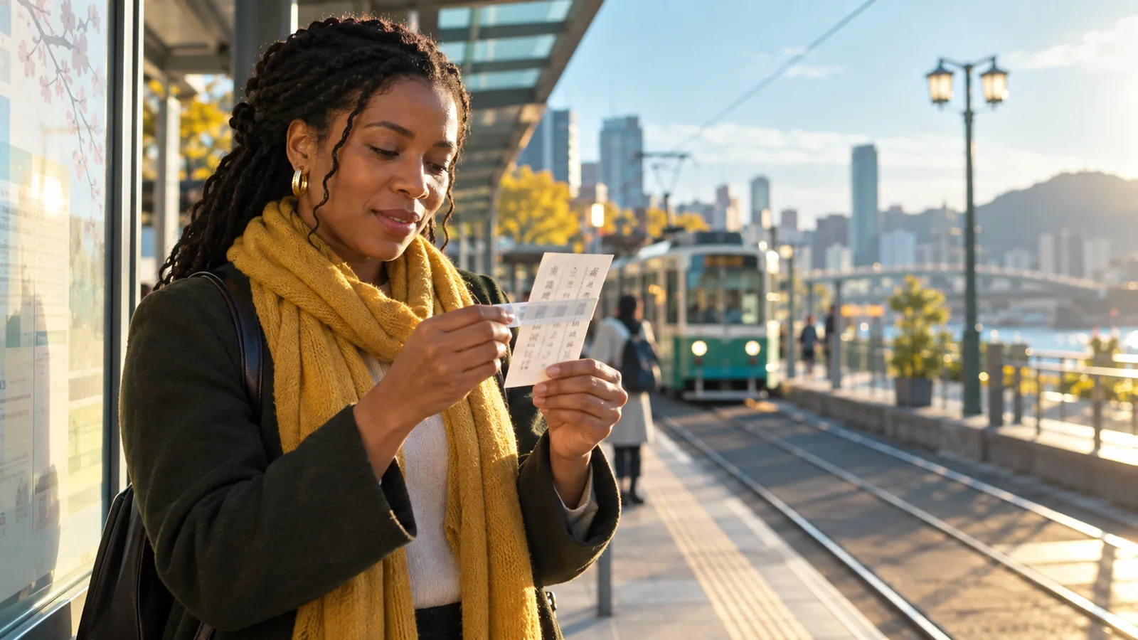 Adult learner at a sunny tram stop checks a paper Japanese notice while sliding a reading strip across it