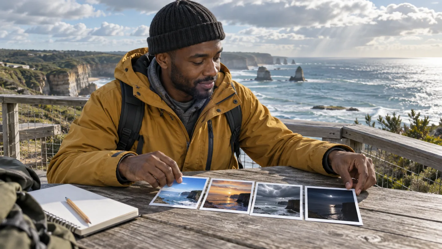 Adult learner at a coastal lookout comparing four photographs of the same coast in different conditions