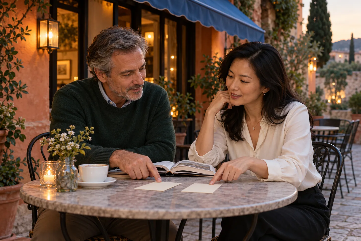 Europäer und ostasiatische Frau besprechen Buch und zwei Karten an einem Café im Freien
