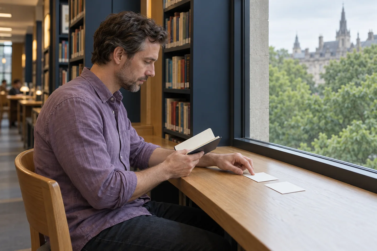Europäer im violetten Hemd prüft Buch und zwei Karten an einem Bibliotheksfenster