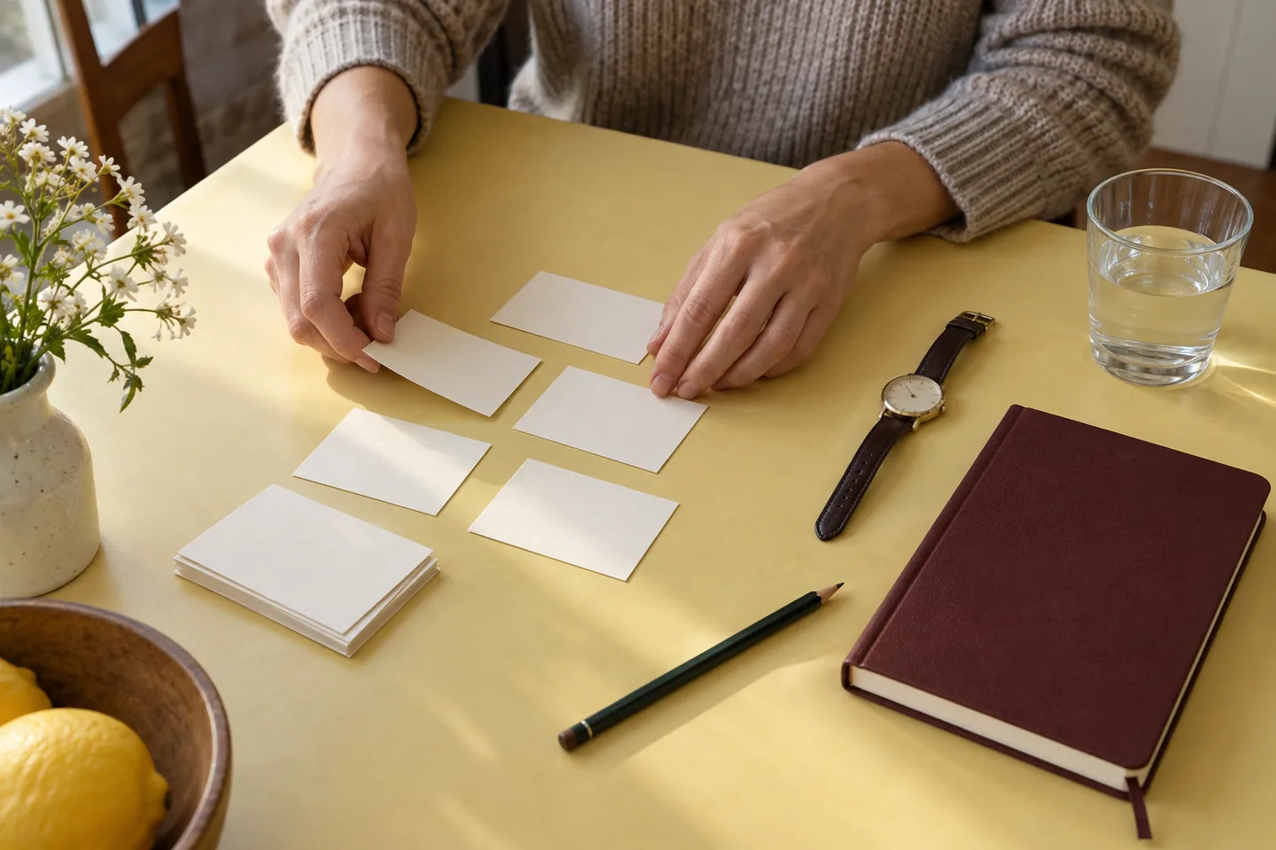 Mains disposant des cartes claires près d’une montre et d’un carnet bordeaux sur une table jaune