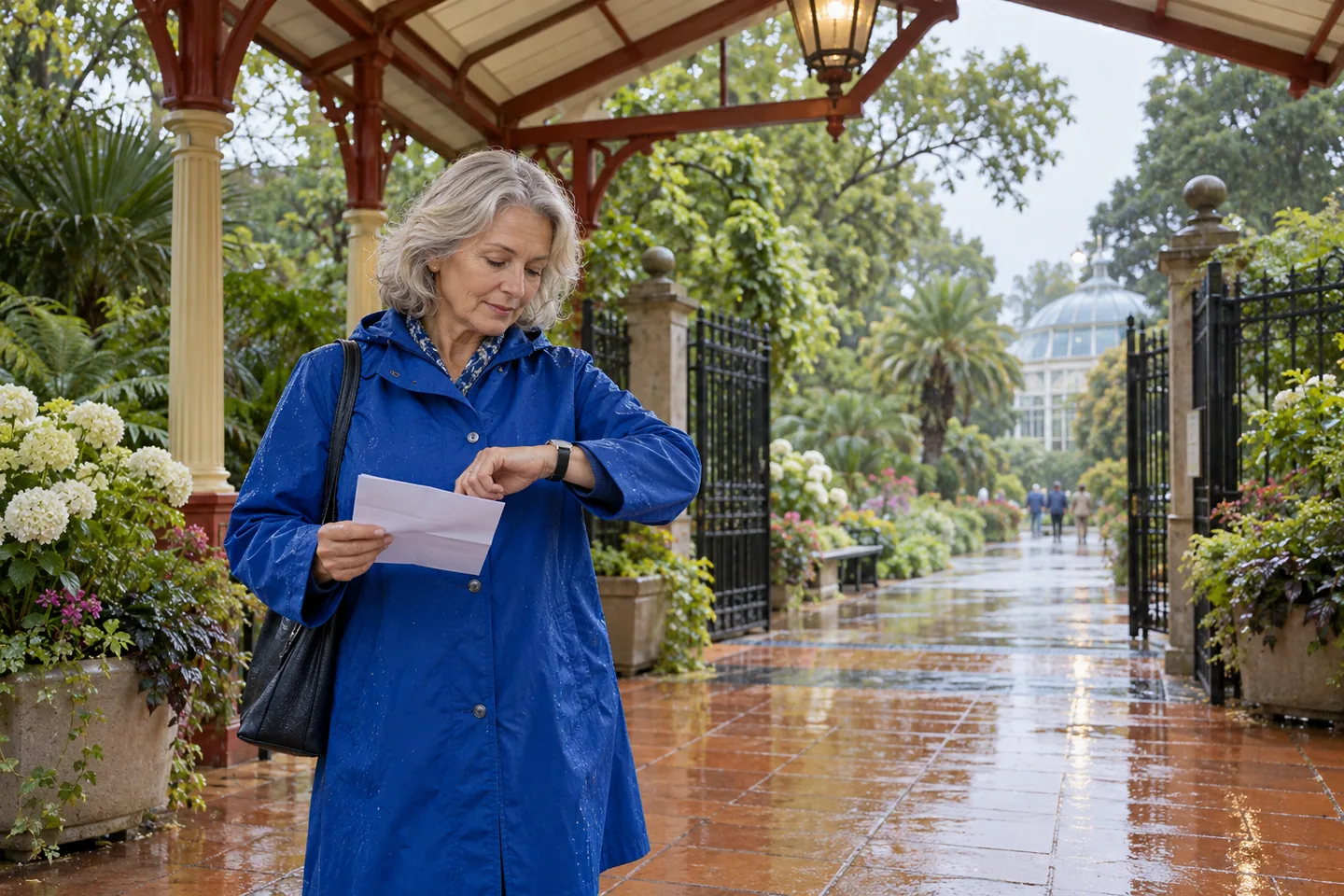 Européenne aux cheveux argentés en imperméable bleu cobalt vérifiant sa montre et une note sous l’entrée couverte d’un jardin botanique