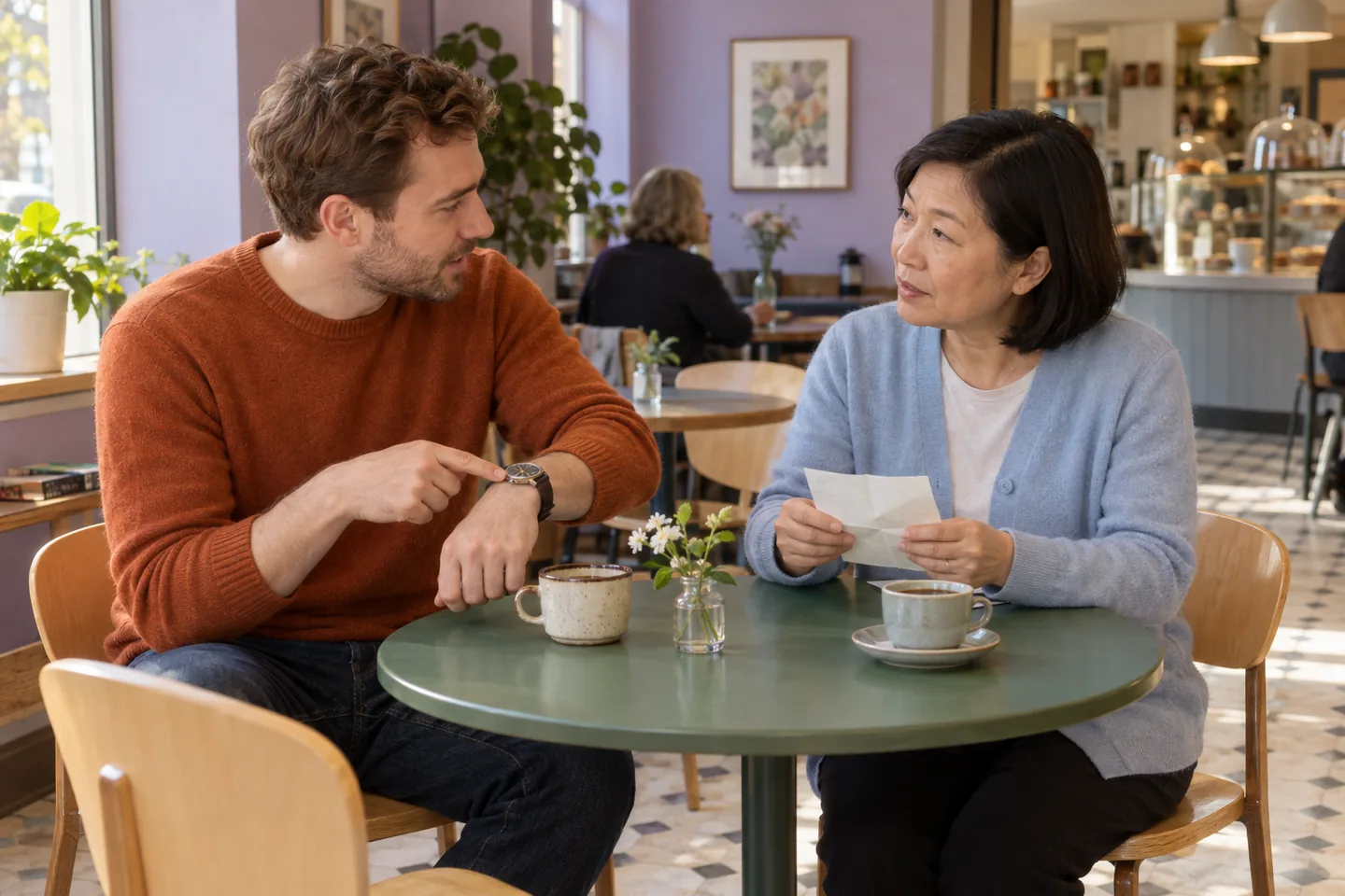 Européen et femme d’Asie de l’Est comparant montre et note à une table verte de café