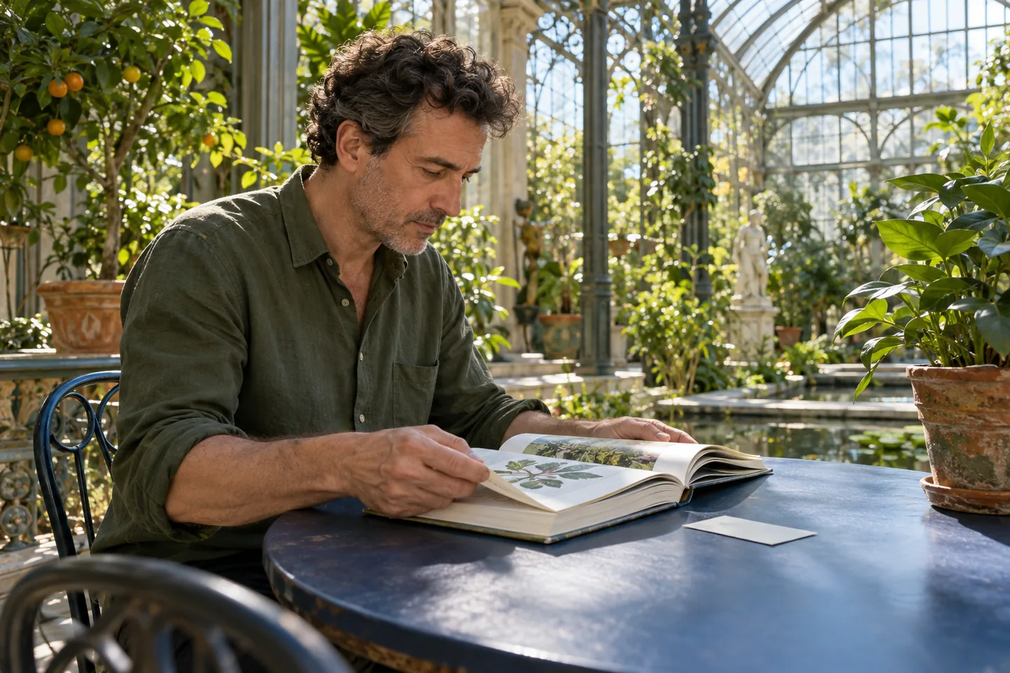 Européen en chemise verte consultant un livre et une note à une table bleue dans une serre