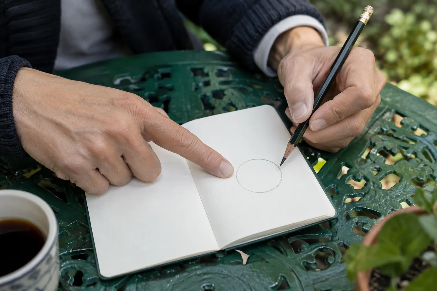 Hands indicate a circled gap on an otherwise blank notebook at a green garden table